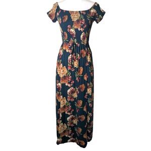 Xhileration Smocked Off The Shoulder Floral Green Maxi Dress Women S Bloomcore